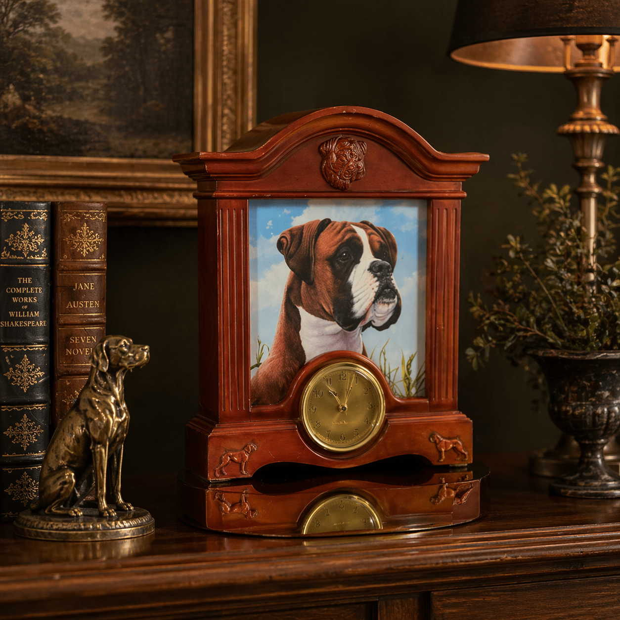 Vtg Boxer Dog Wood Desk Clock & Picture Frame Pet Themed Mantel Decor see pics.0