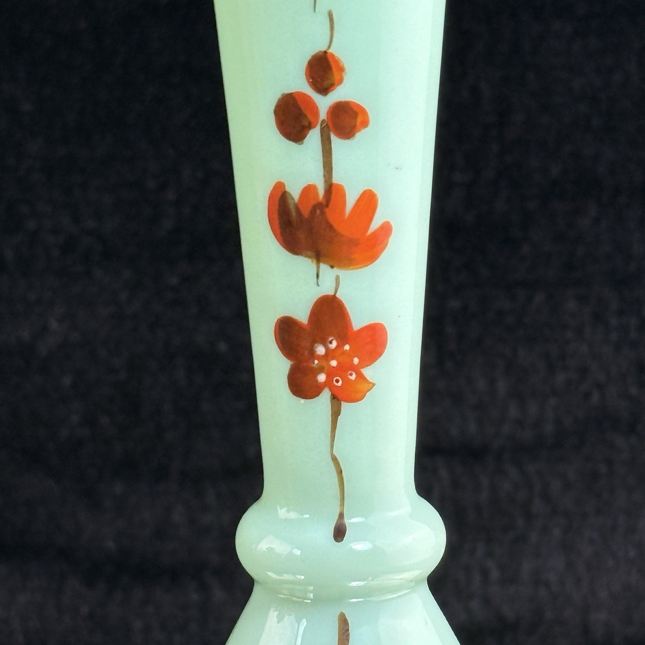 Antique Milk Glass Vase Floral Red Enamel 7” Bud Bottle Style decor see pics2