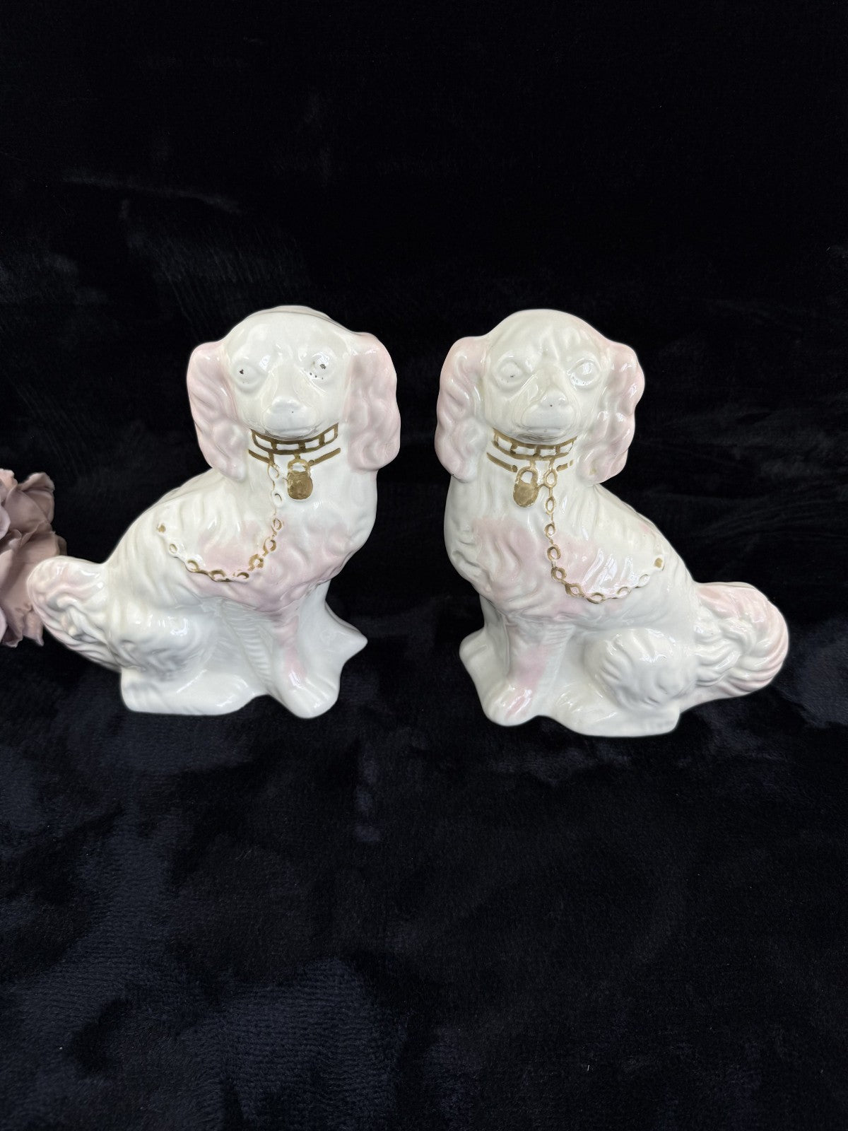 Antique Staffordshire Porcelain Pink and White  Pair King Charles Spaniel decor10
