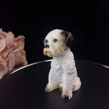 Vintage Ceramic Terrier Figurine Dog | Sitting Puppy Statue | White & Brown Time0