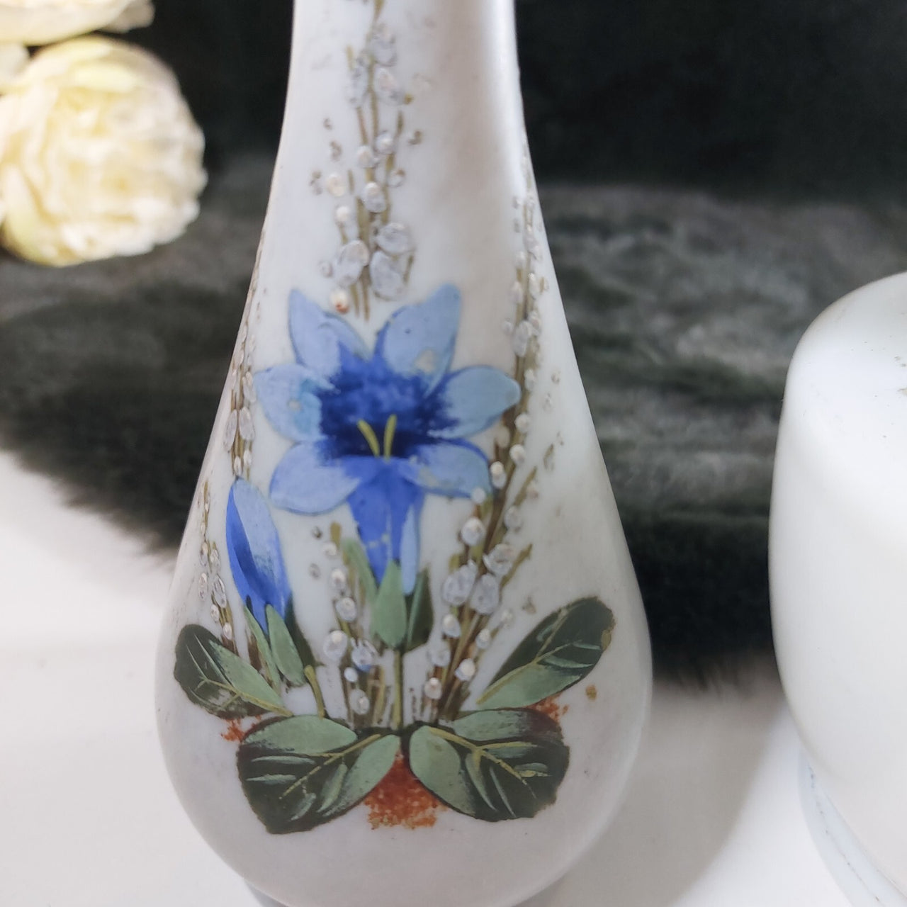 Rare Pair Antique of Hand-Painted Satin Glass Vases Milk Flowers Decor Porcelain11