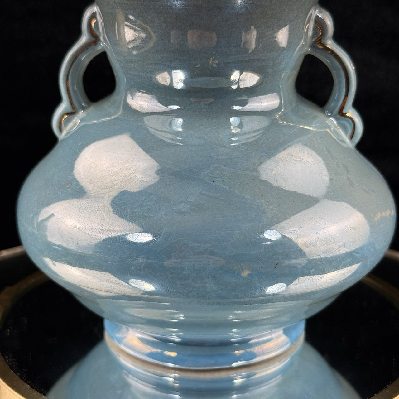 Antique Maling Vase England –Blue Glazed Handle Twin Urn Shape 6.5” decor China,4