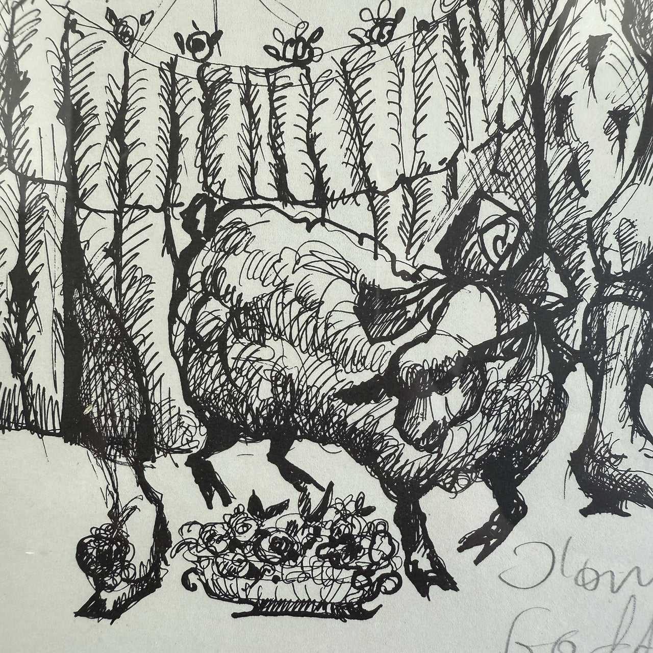 Original Signed & Dated Pen & Ink Drawing Framed Lions & Goats Folk Art Picture12