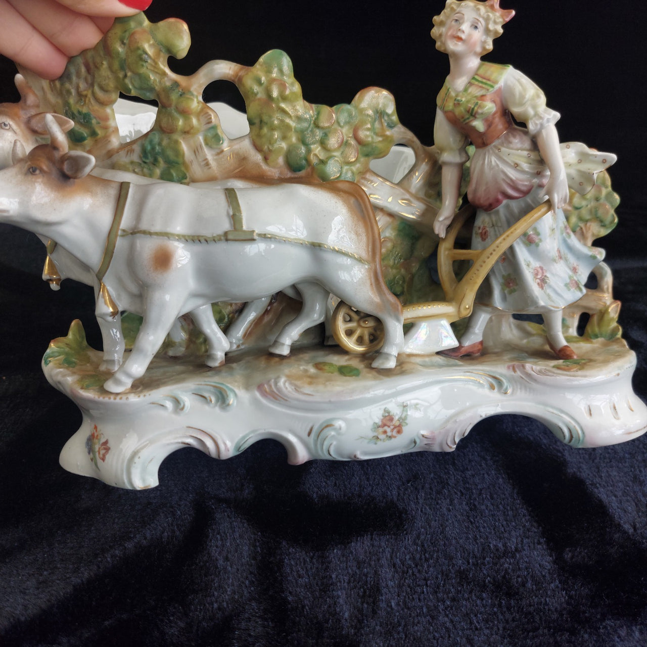 German Antique Porcelain Girl Oxen Cart Planter – Hand Painted 7"x10" 1261g7