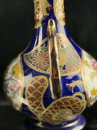 Thumbnail for Japanese Blue Cobalt Porcelain Vases Pair Gold Gilt Floral Moriage Antique Decor16