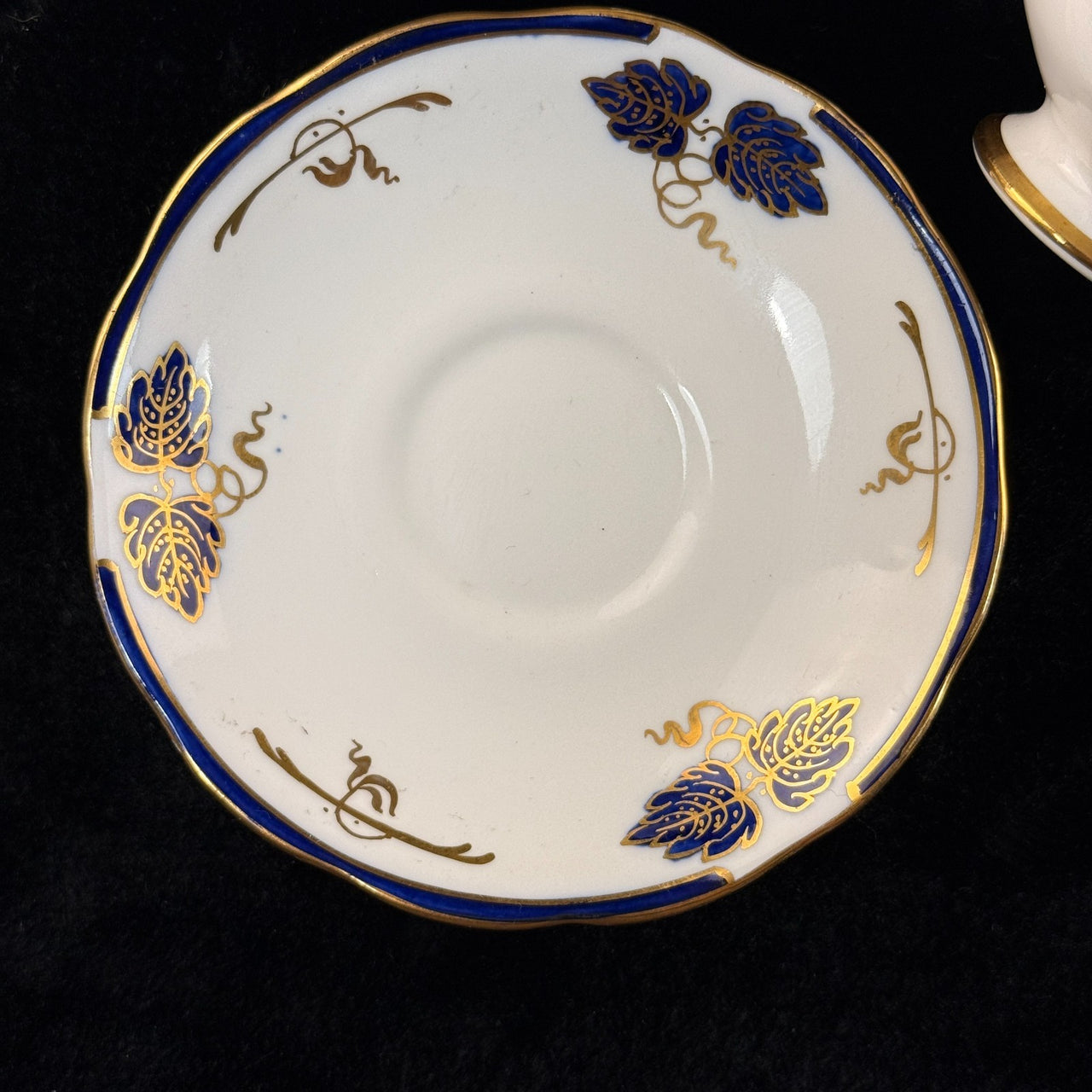 Rare Royal Albert Crown China Blue Gold Leaf Tea Set Trio x2 & Jug England 1930s14