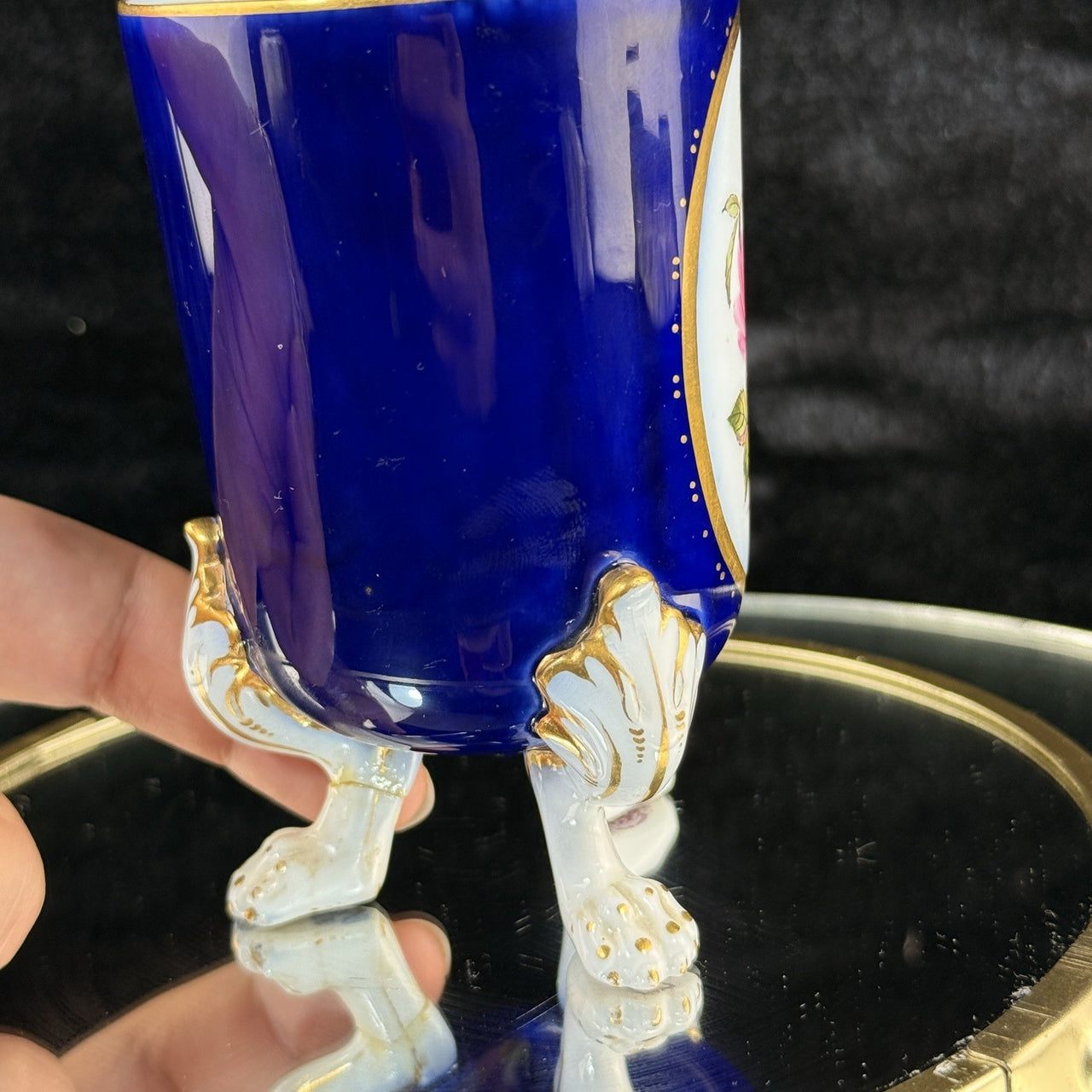 Royal Worcester Tripod Vase Blue Cobalt Pink Rose Hand Painted Gilt Antique Styl15