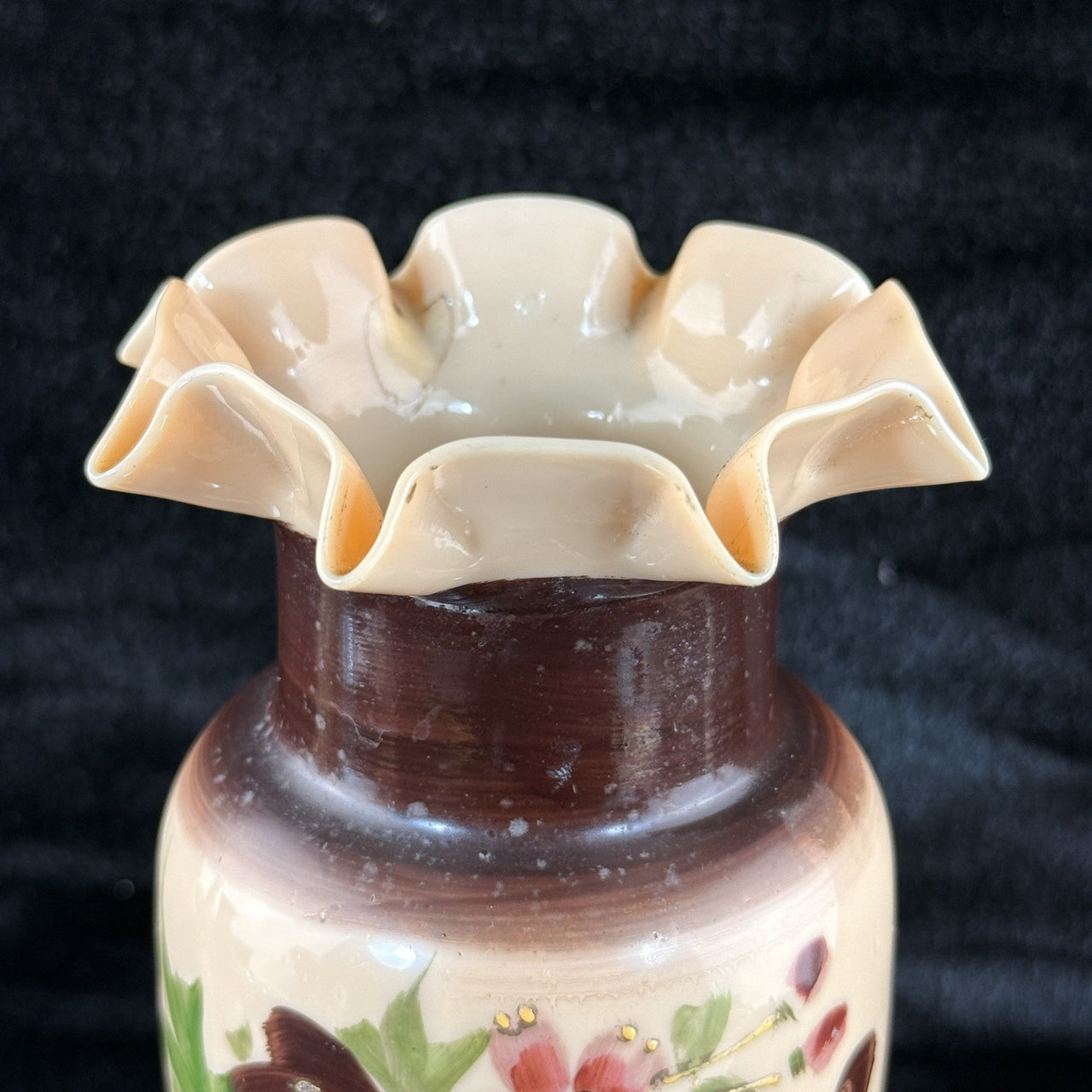 Antique Milk Porcelain Vase HandPainted Floral Bird Design Ruffle Rim 9.5” Tall4