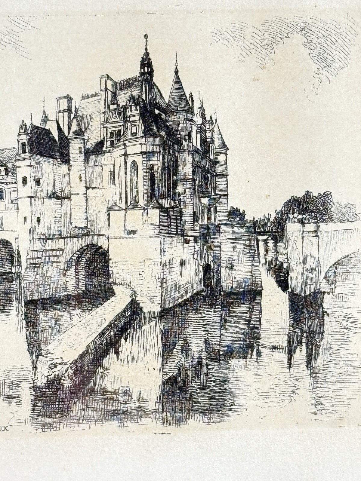 French Castle Vintage Château de Chenonceaux Framed Etching Print Art Drawing.2