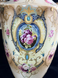 Thumbnail for Antique English Alton Ware Urns Set Hand Painted Roses Gilded Porcelain Vase Set6