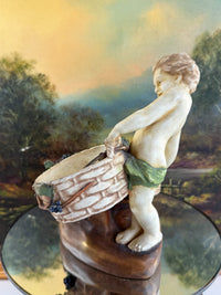 Thumbnail for Antique Putti Planter Figurine with Wicker Baskets and Berries - Majolica Style10
