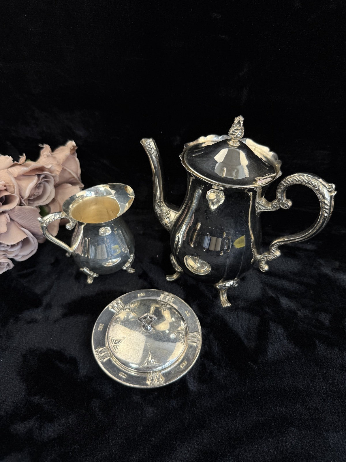 silver plated tea pot & pitcher and plate with a lid Unbranded Victorian Antique5