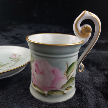 Capodimonte Hand Painted Cup Italy & Plate Set Pink Rose Gold Rim Floral Sallin/1