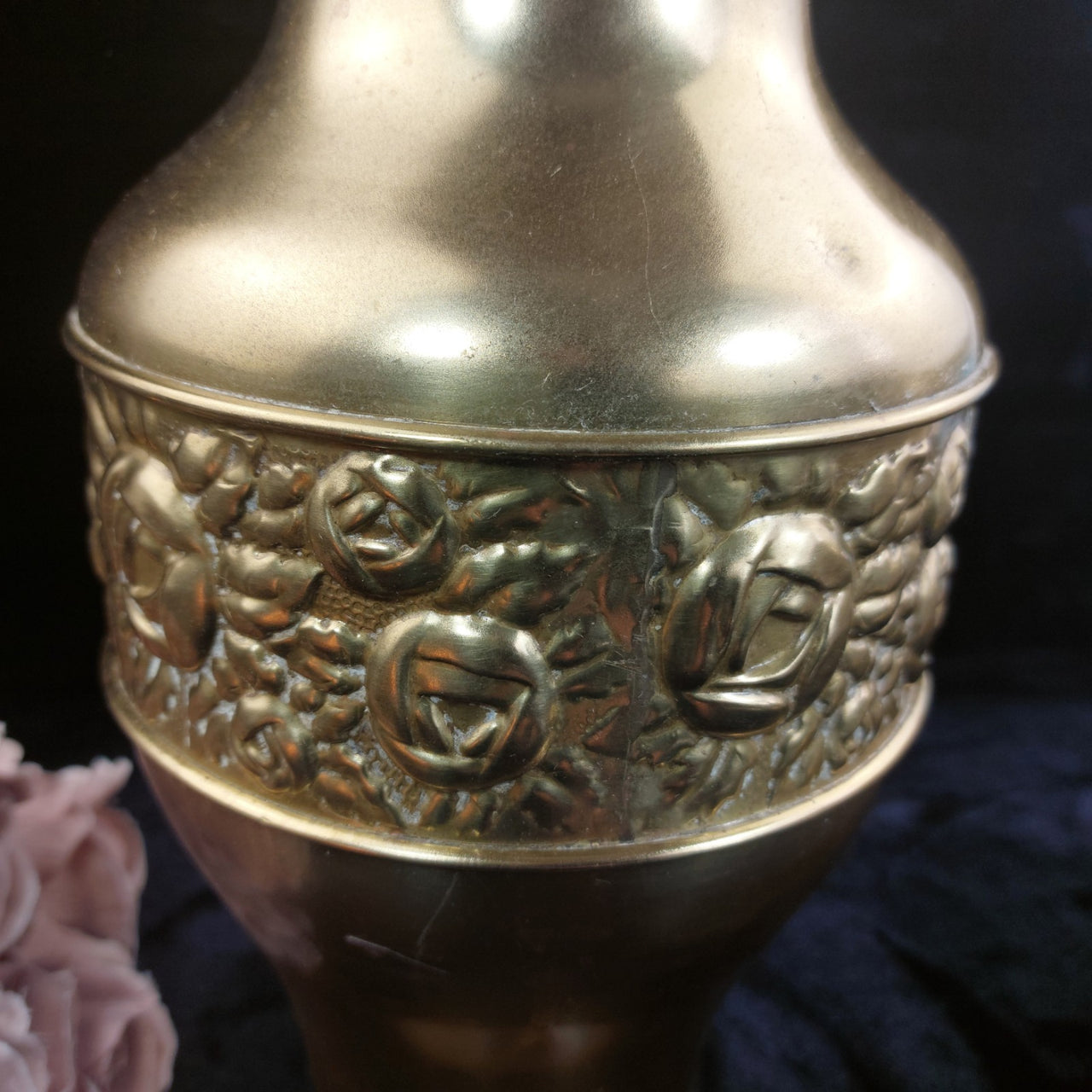 Vtg/ Antique Brass Vase Embossed Floral Design   Decor Patina Dent Wear 13" gift11
