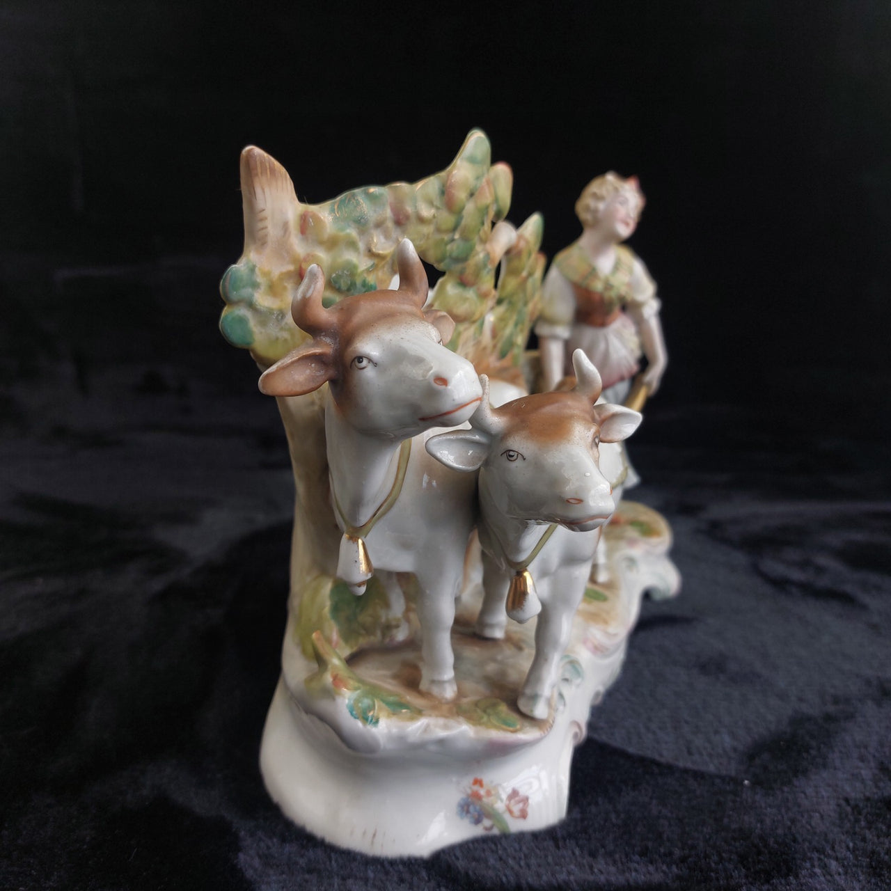 German Antique Porcelain Girl Oxen Cart Planter – Hand Painted 7"x10" 1261g13