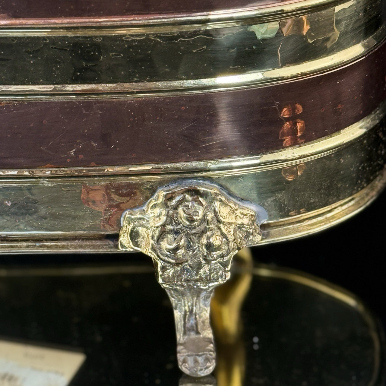 Vintage Copper & Brass Planter Jardiniere 9.5” Footed Oval Hammered Floral deco7