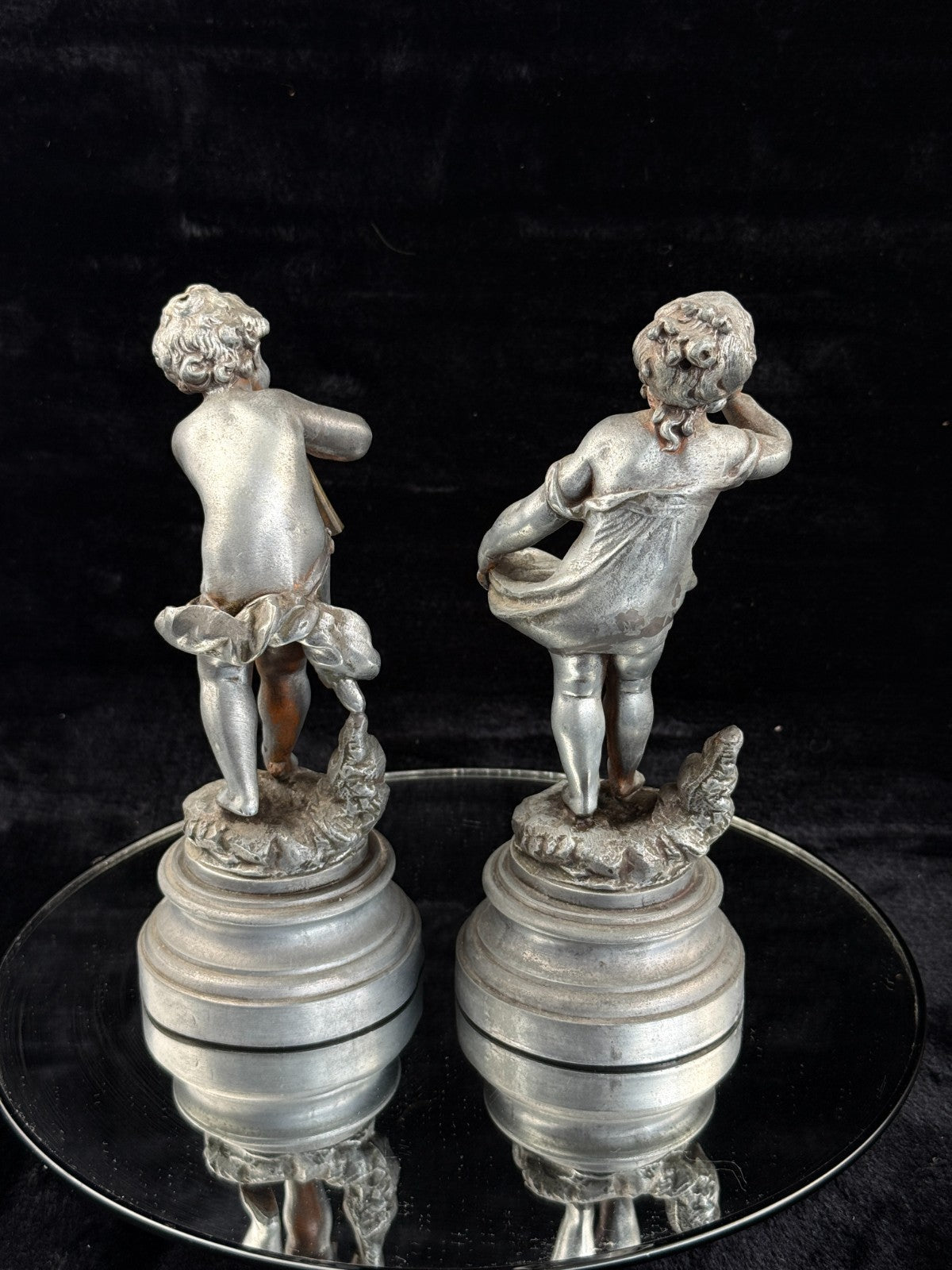 Antique French Cherub / Putti Metal Figurines "Silence" & "Music" by C. Kalf?9