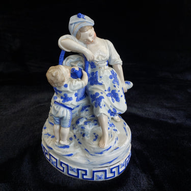Porcelain Mother Child Figurine Basket Antique German Blue White Ceramic decor0