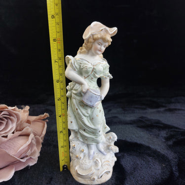 9in German Bisque Figurine Girl Watering Can Antique Hand Painted Gilt Accents1