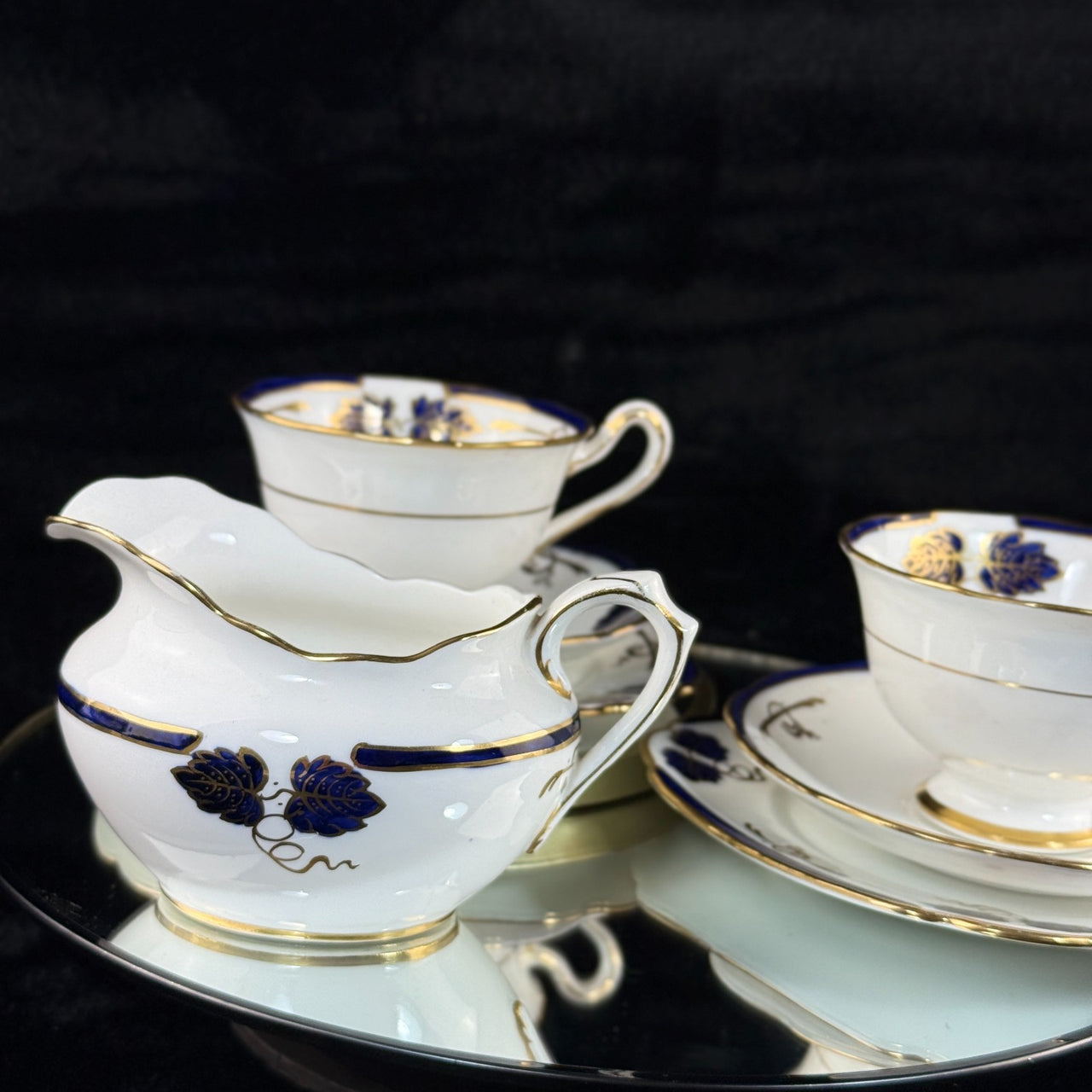 Rare Royal Crown Albert China 1930 Blue Gold Leaf Tea Set Trio x2 & Jug England20