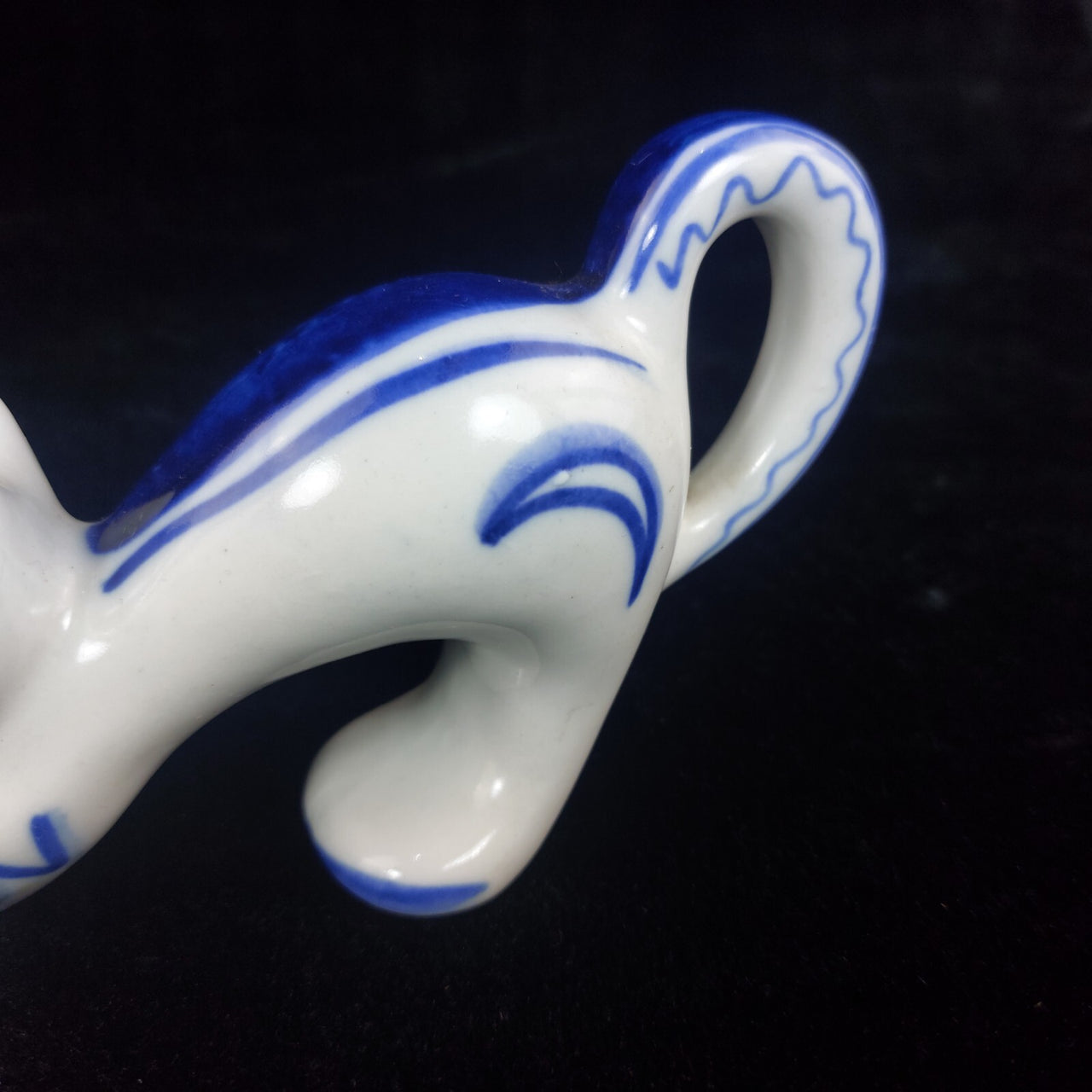 USSR Vintage Cat Figurine Good White Blue Stretching Kitten Russian Porcelain .4