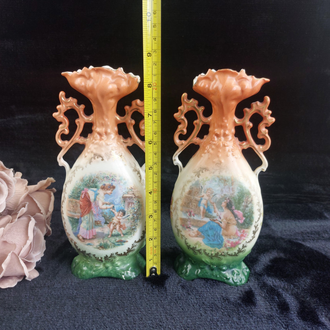Victoria Austria Porcelain Vase Pair Handled Romantic Scene Antique Decor. 9in3