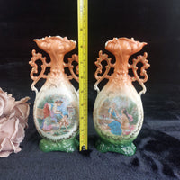 Thumbnail for Victoria Austria Porcelain Vase Pair Handled Romantic Scene Antique Decor. 9in3