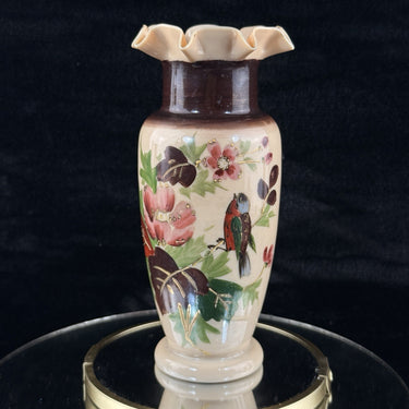 Antique Milk Porcelain Vase HandPainted Bird Floral Design Ruffle Rim 9.5” Tall0