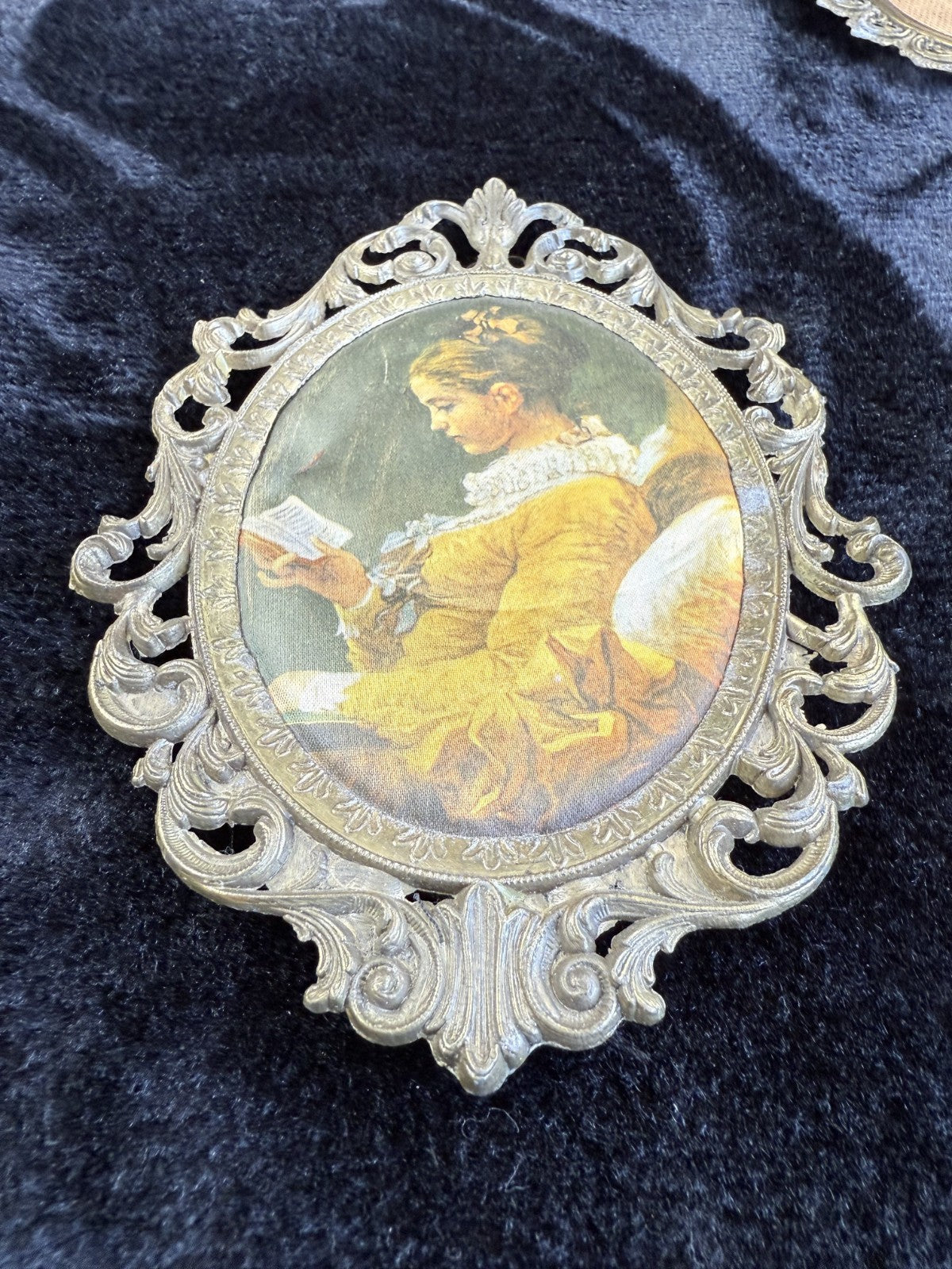 Italian Vintage/Antique Brass Oval Frames with Fabric Prints - Set of 3 Italy6