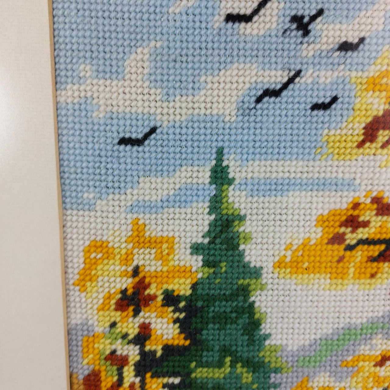 Framed 19" Cross- Stitch Autumn Landscape Art - Vintage Ornament Good Condition2