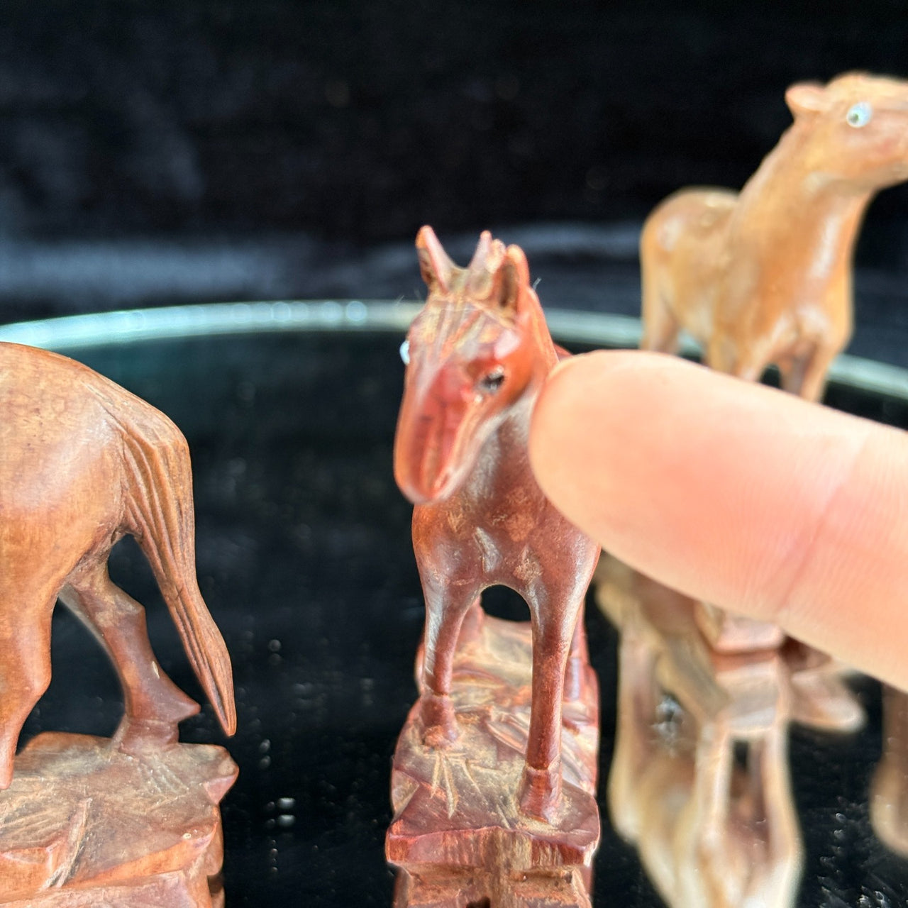 Vintage Hand Carved Wooden Horse Figurines Set Lot of 5 Rustic Folk Art 3.5”7
