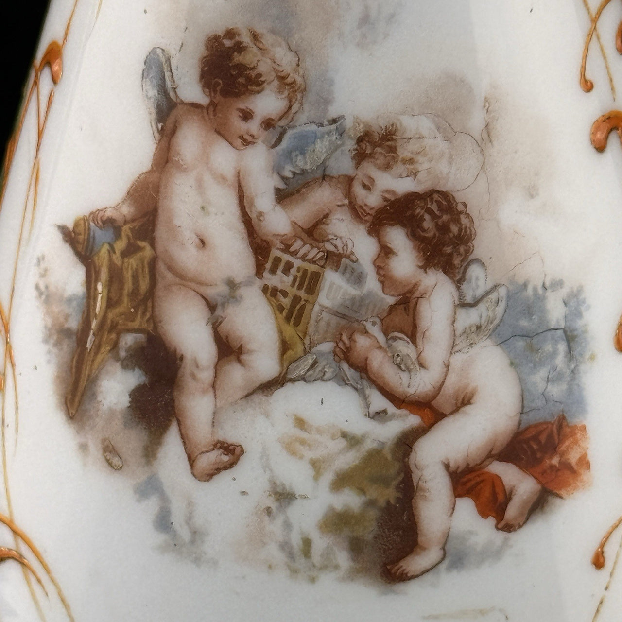 Antique Cherub Porcelain Vase Hand Decorated Putti Scene Gold Green Gilt decor2