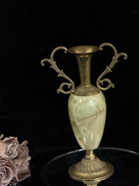Thumbnail for Pair of Brass & Green Onyx Marble Urn Vases Ornate Handles Decorative 35cm16