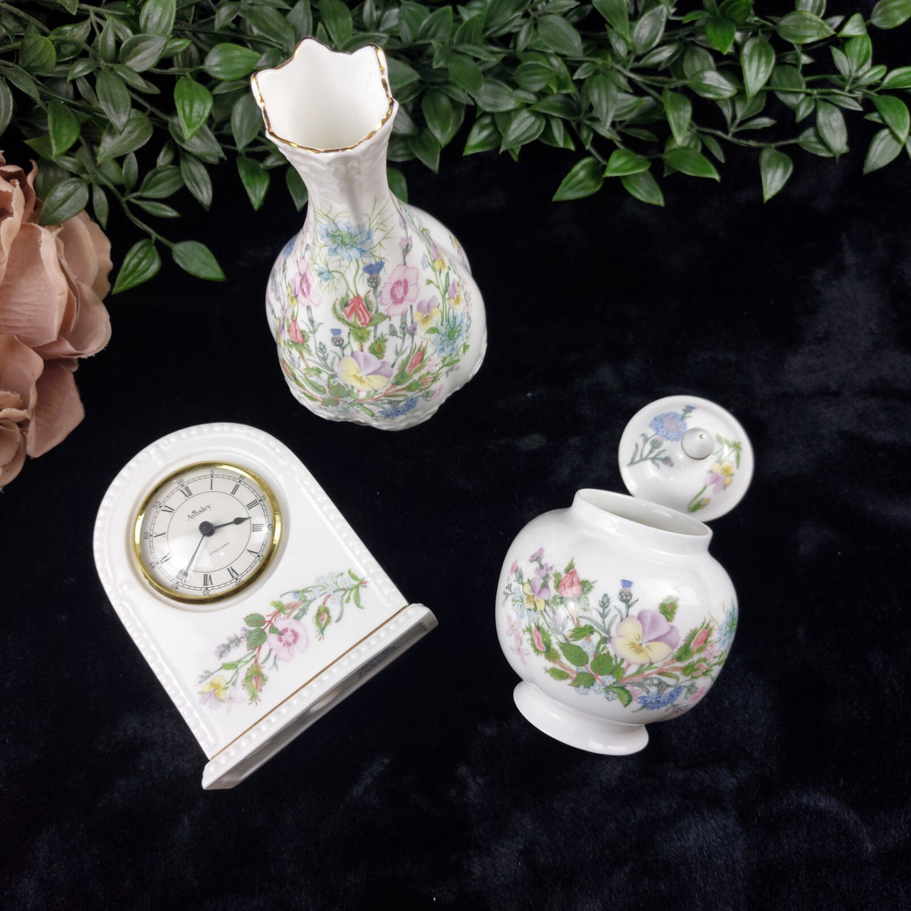 Aynsley Vintage "Wild Tudor" Fine Bone China Set - Clock, Vase & Ginger Jar Box21