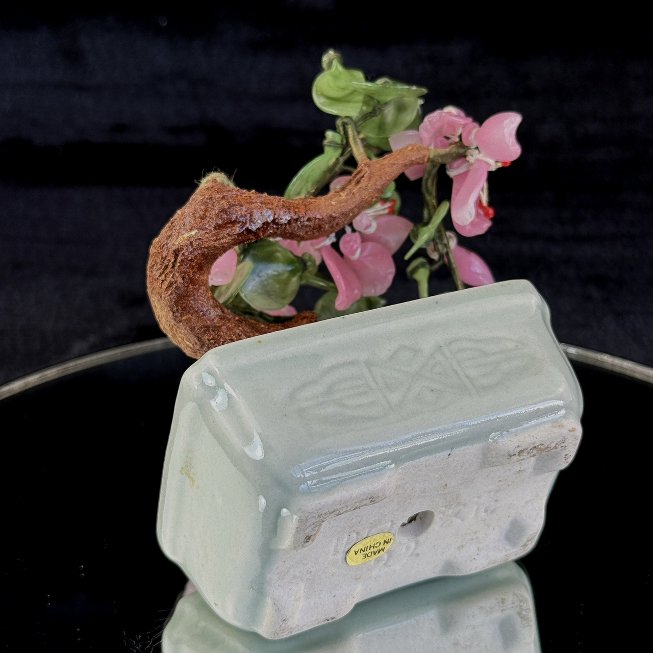Hand-Carved Bonsai Jade/Stone Tree Figurine - Pink Flowers & Green Leaves gift11