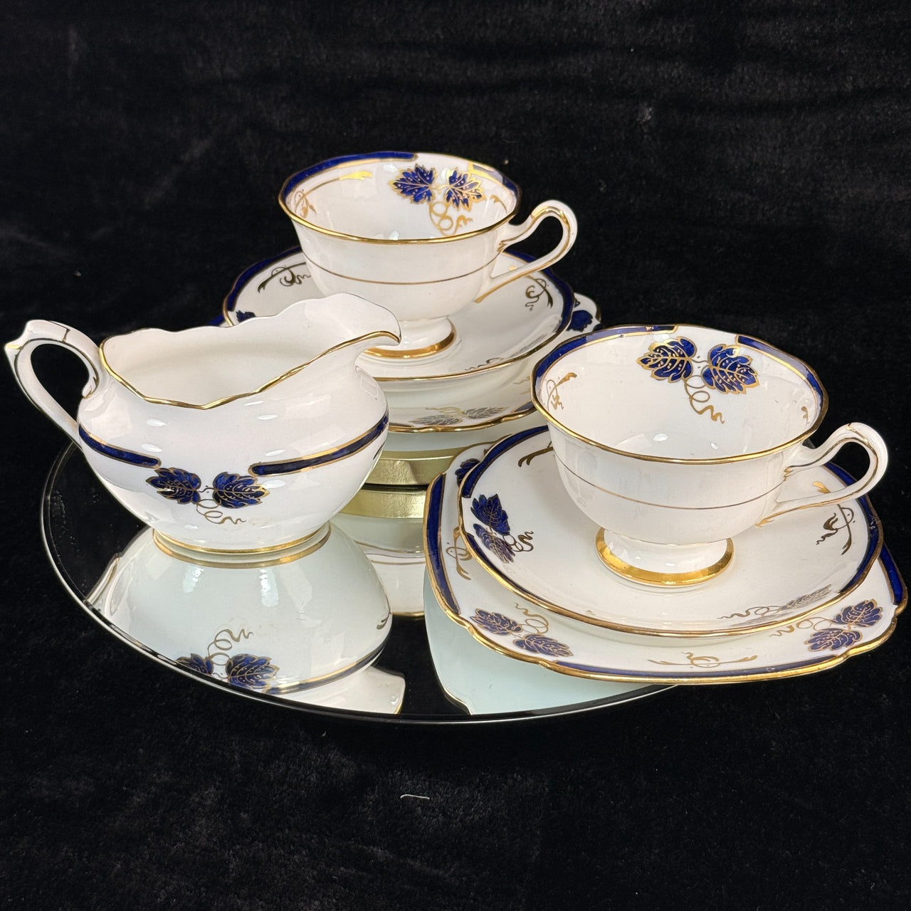Rare Royal Albert Crown China Blue Gold Leaf Tea Set Trio x2 & Jug England 1930s9