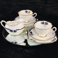 Thumbnail for Rare Royal Albert Crown China Blue Gold Leaf Tea Set Trio x2 & Jug England 1930s9