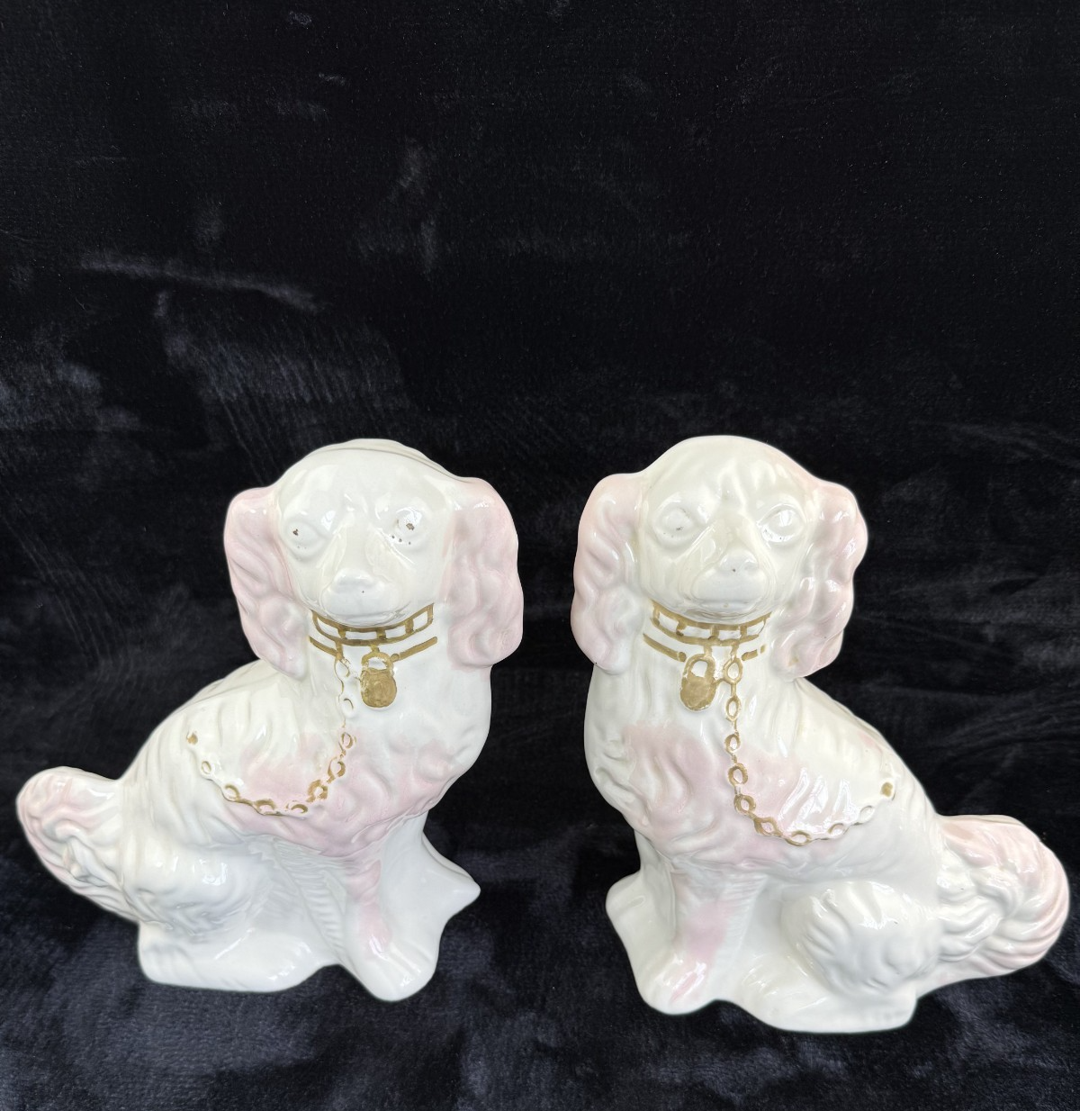 Antique Staffordshire Porcelain Pink and White  Pair King Charles Spaniel decor18
