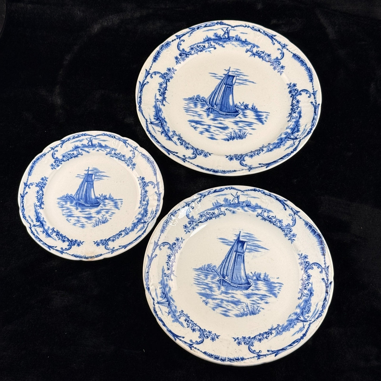 ANTIQUE Blue&White Delph Transferware Plates x3 1896 Sailboat Windmill Scene Set9