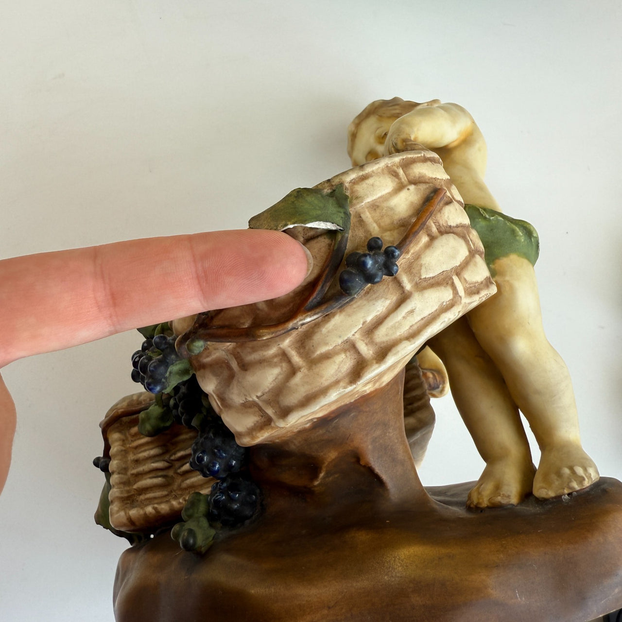 Antique Putti Planter Figurine with Wicker Baskets and Berries - Majolica Style15