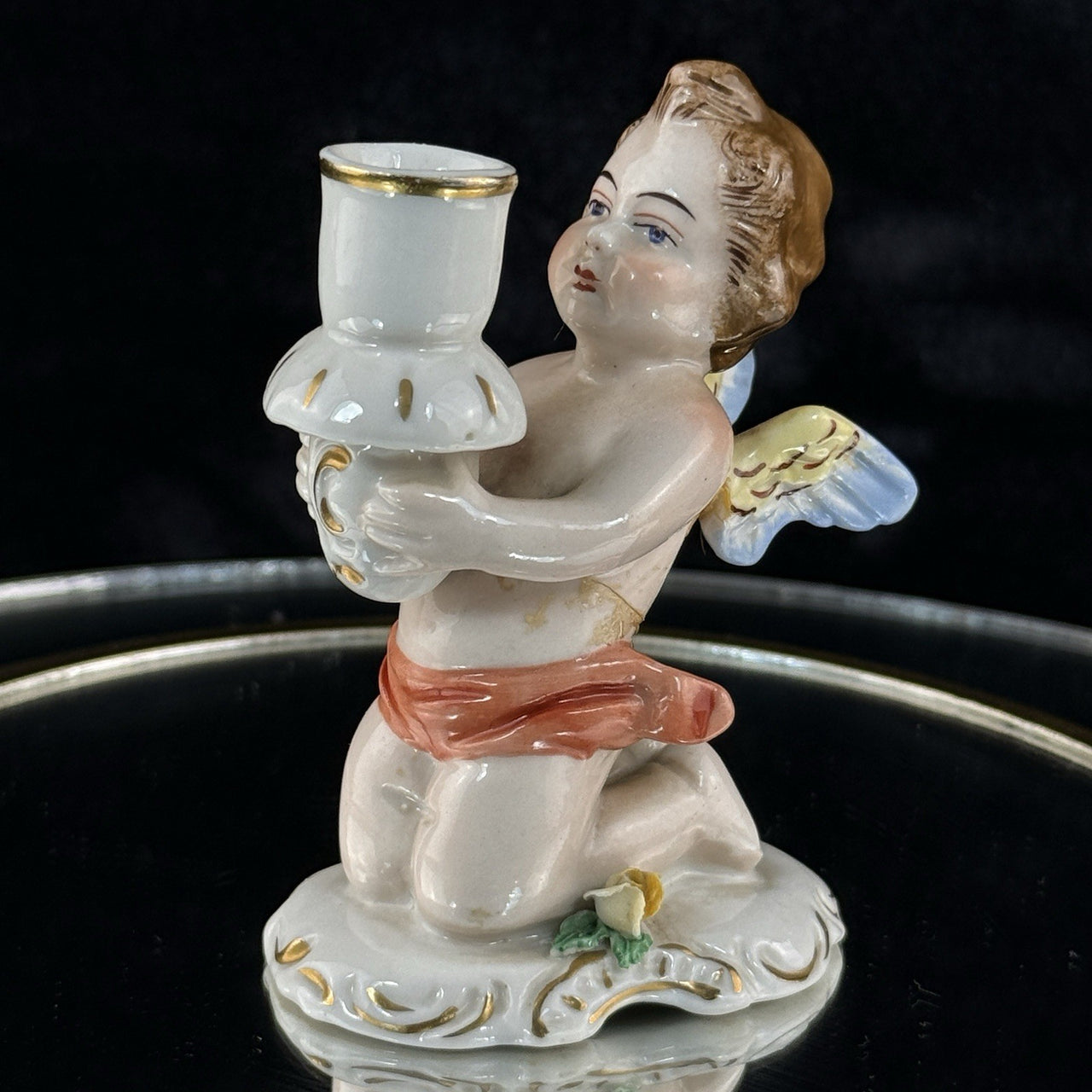 Antique German Dresden Cherub Candle Holder Figurine Winged Putto 3.5” Repaired11