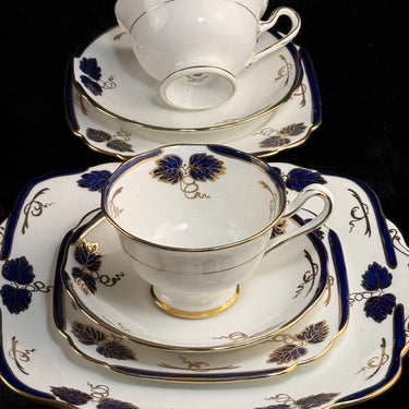 Rare Royal Albert Crown 1930s Cobalt Blue 2 Trios & Cake Plate Set England. 1