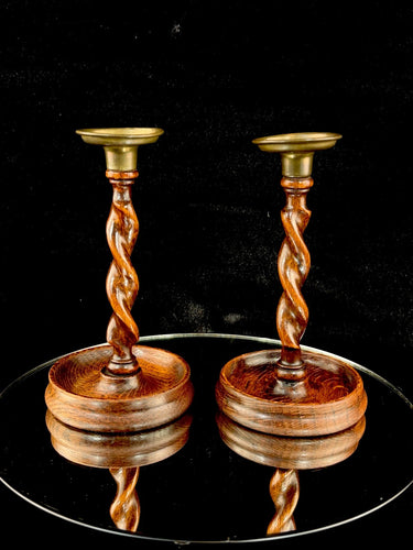 Antique Barley Twist Wood Candlesticks 8” Pair candle Holders English Brass.0
