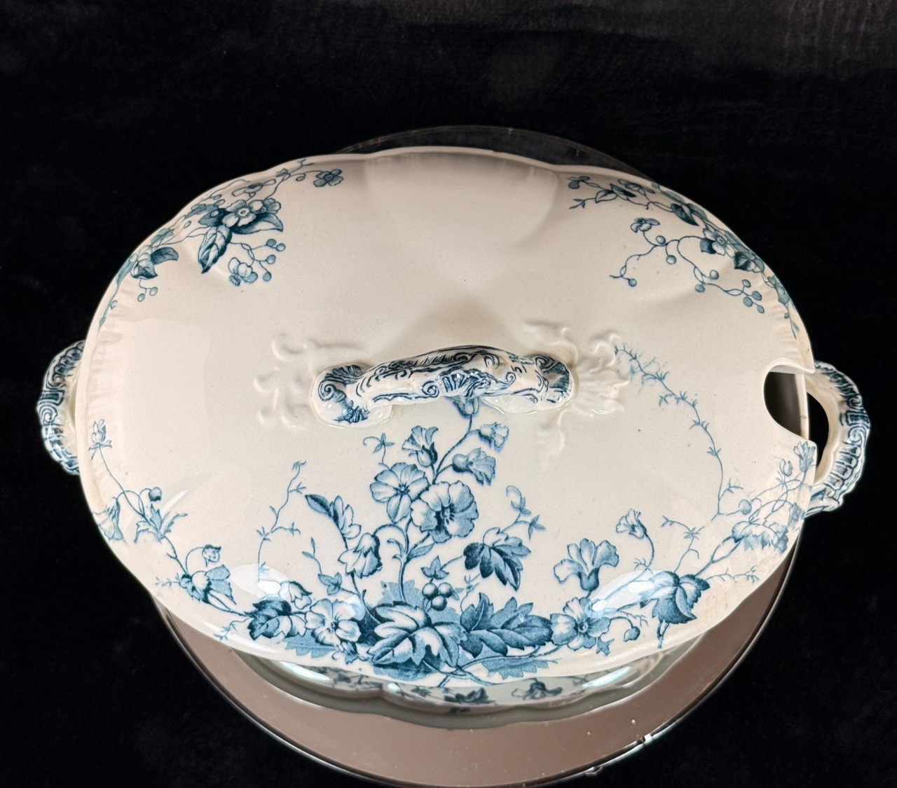 S.H. & Sons 'Ruby' Blue Transferware Tureen Lidded Floral Dish England 11” Large3