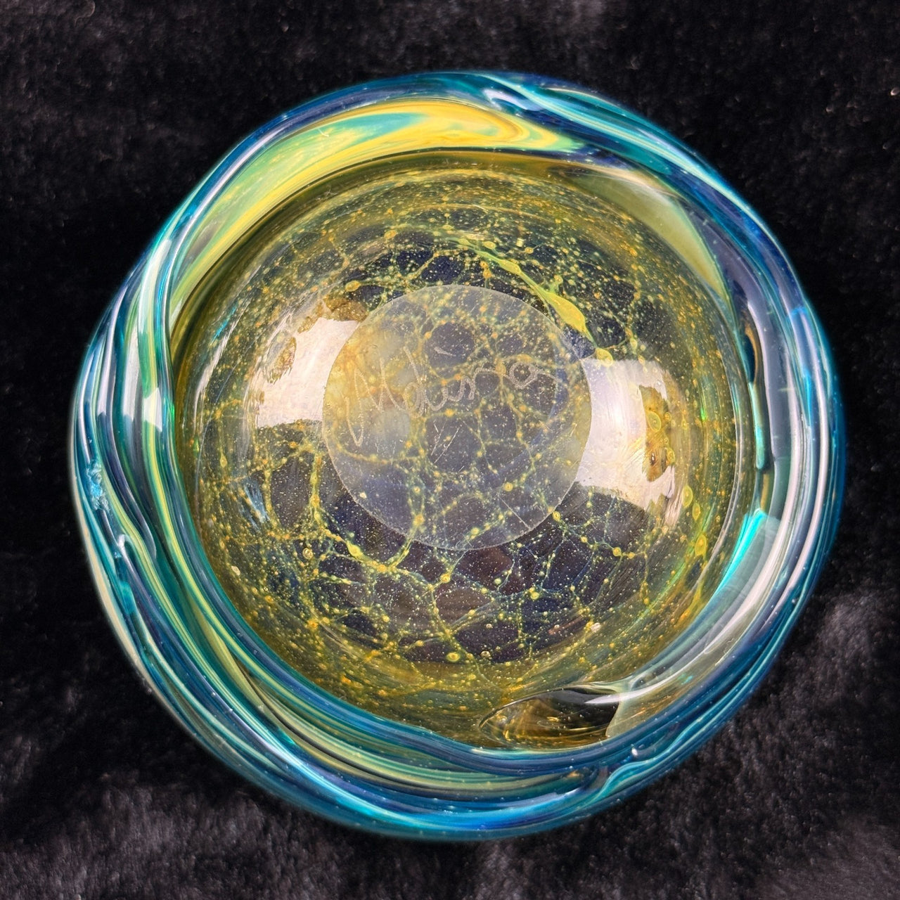 Mdina Malta Art Glass Ashtray 80s Blue Yellow Swirl 13cm Heavy see the pics deco15