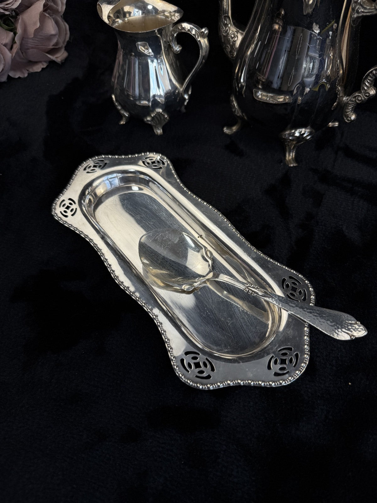 Vintage SilverPlated Serving Tray and serving Spoon Set rectengle plate3
