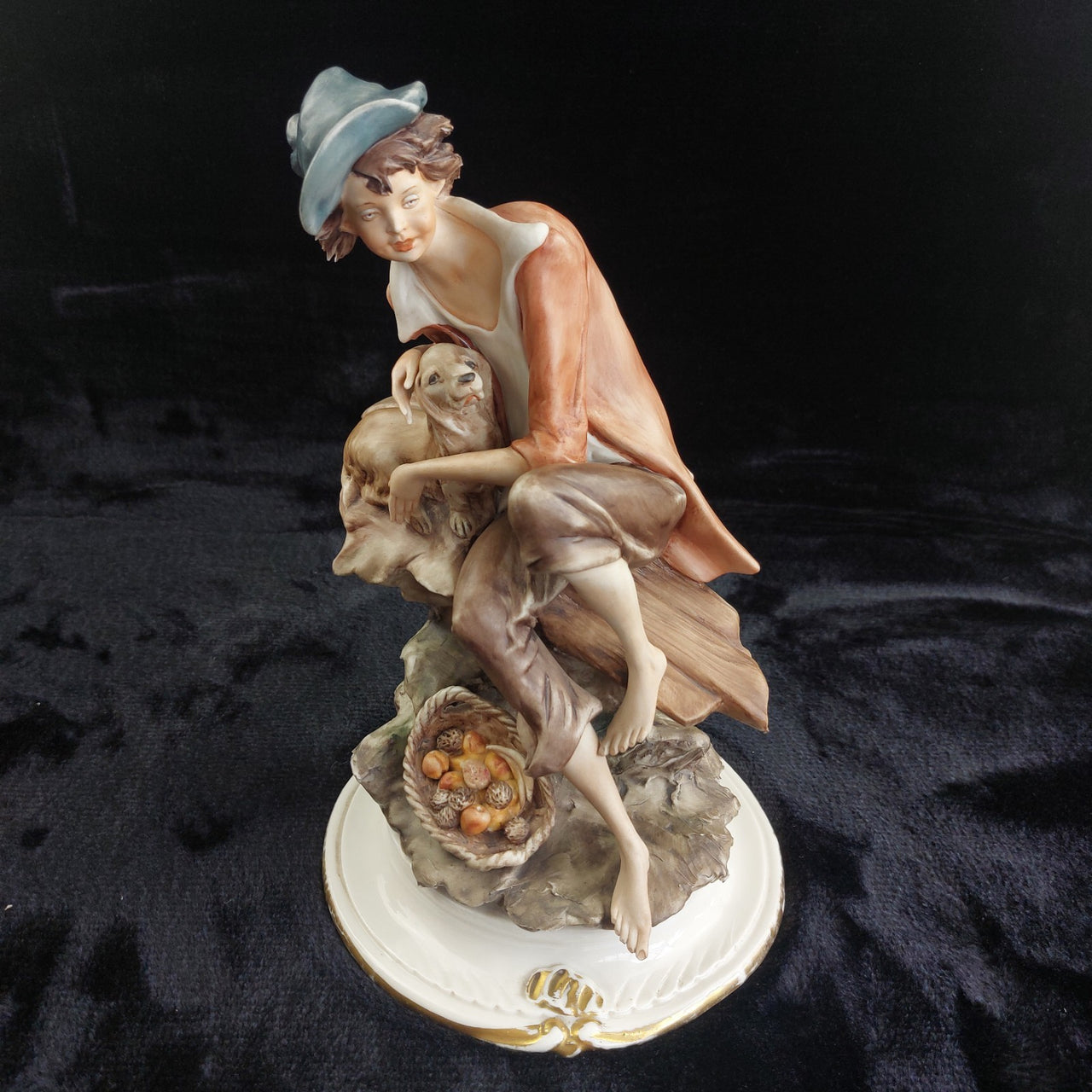 Capodimonte Style Boy &dog Figurine with Dog & Fruit Basket 11" Porcelain Large14