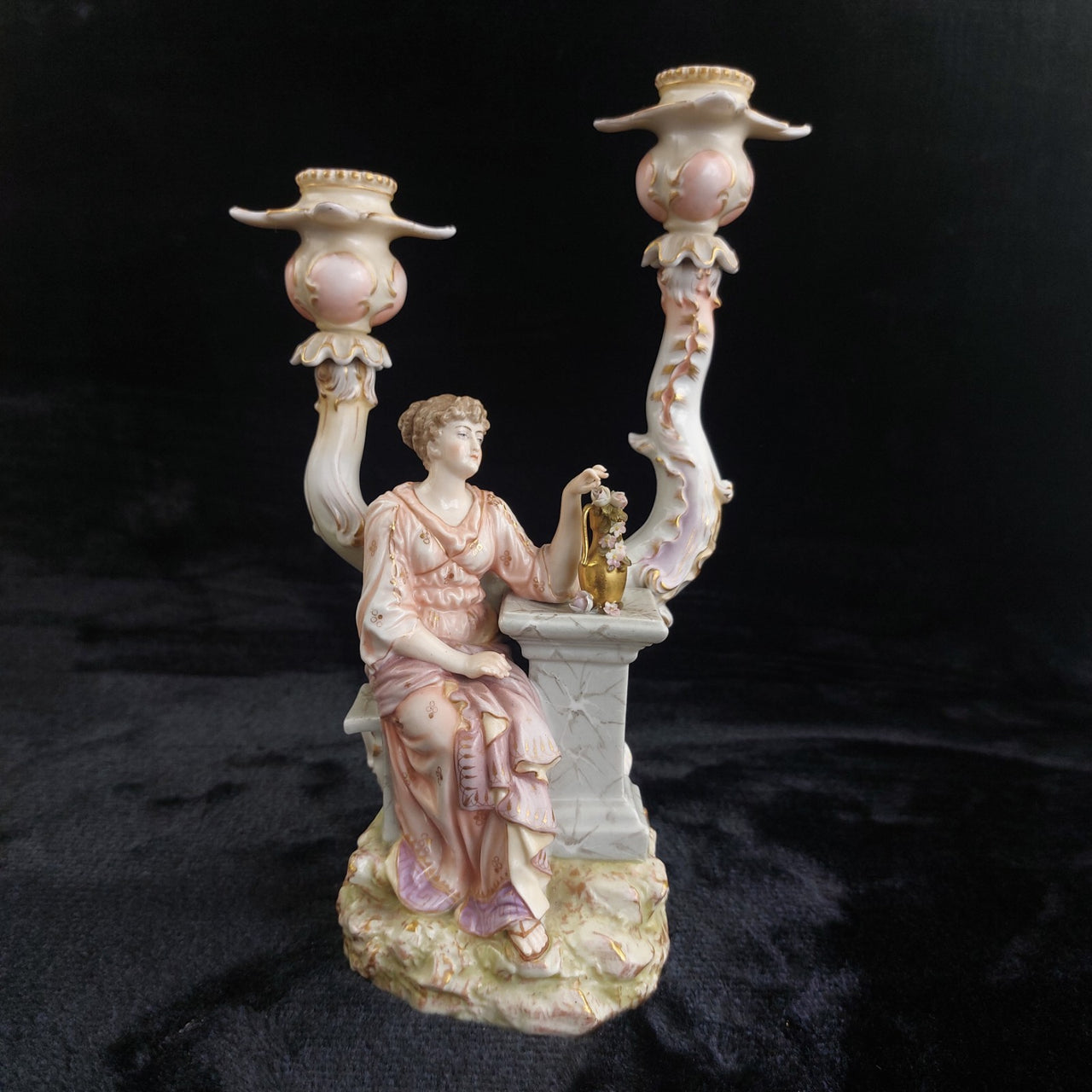 Porcelain Sitzendorf Candelabra Lady Figurine candle Gold Gilt Antique German1