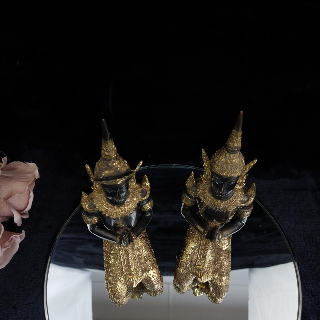 Thai Bronze Kneeling Praying 8.5" Statues Pair Ornate Gold Trim decor see pics16