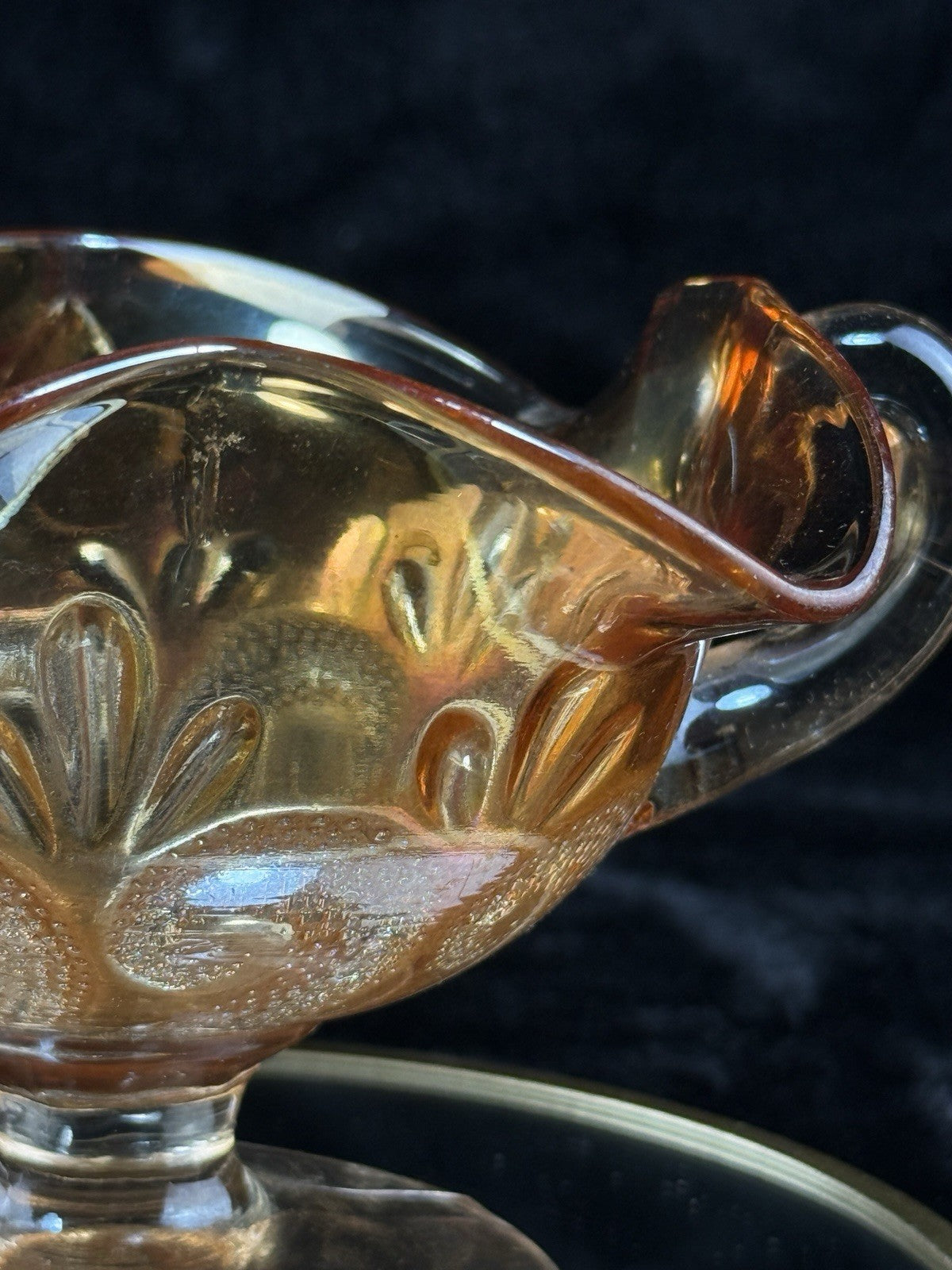 Vintage Marigold Carnival Glass Bonbon Dish Pedestal Bowl Swirl 3.5” Pattern6